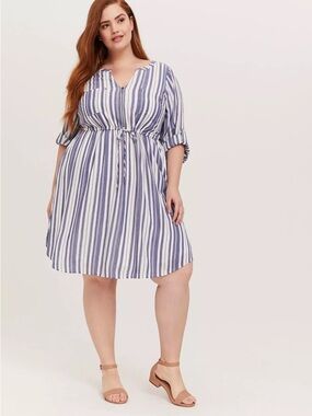 TORRID Blue & White Stripe Zip Front Drawstring Shirt Dress Size 1X (14-16)